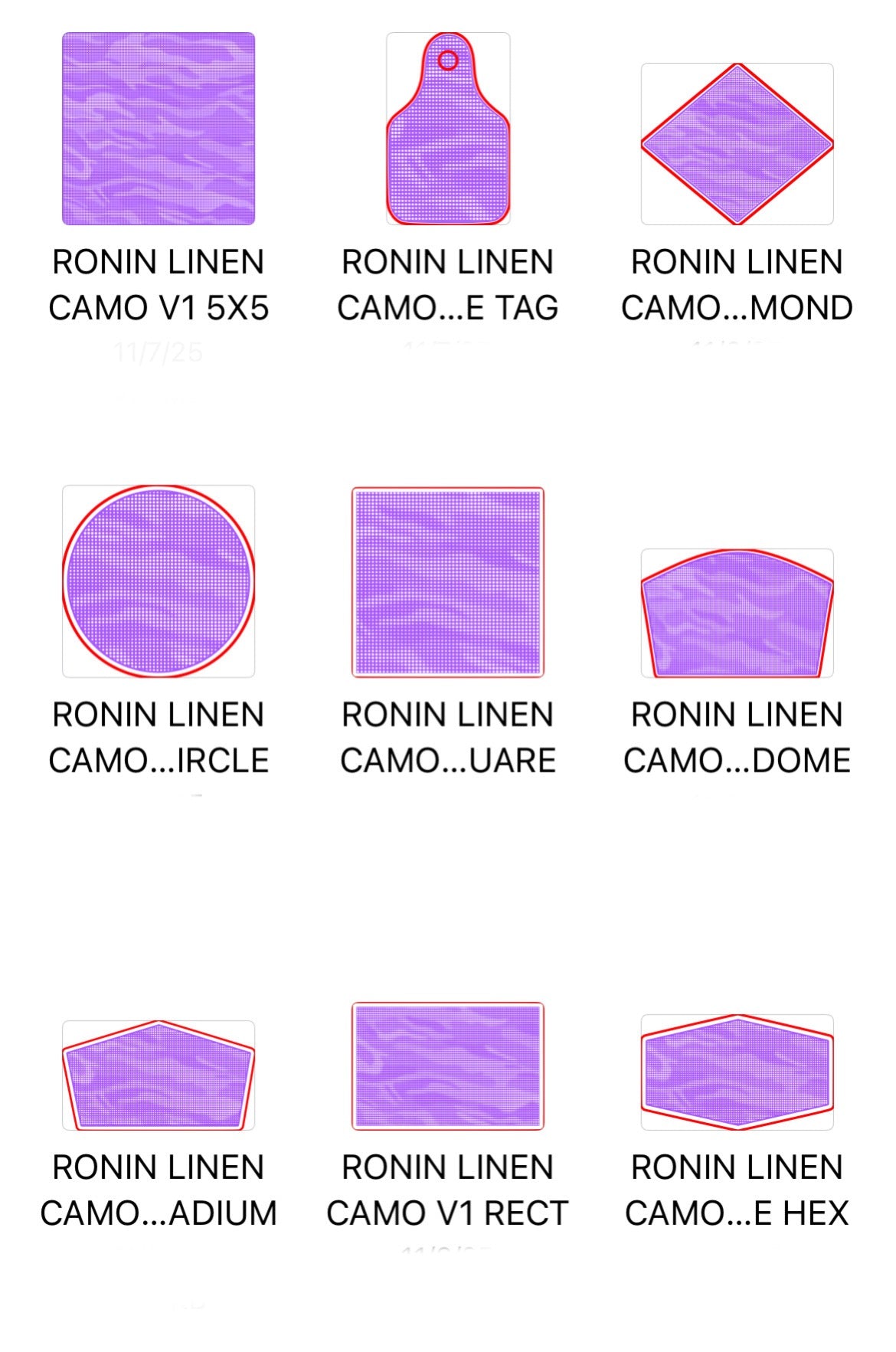RONIN LINEN Camo v1 – 8 Shapes w/ 5x5 Template - DIGITAL FILE
